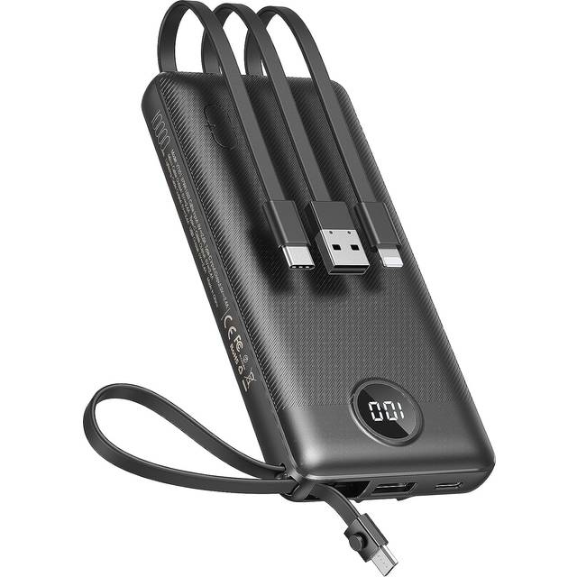 Power Bank 10000mAh, Portable Charger with Built-in Cables, USB C External Battery Pack with 5 Outputs and LED Display