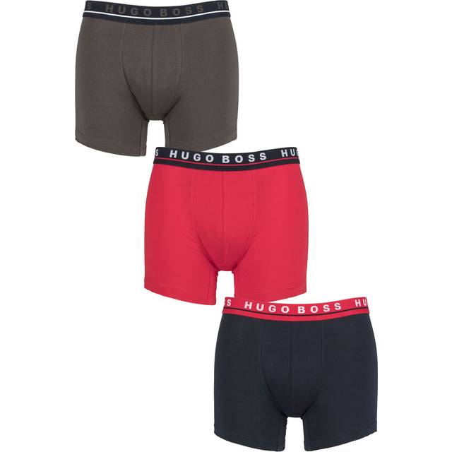 Mens 3 Pack BOSS Cotton Contrast Waistband Longer Leg Boxer Briefs Navy / Grey / Red Medium - Multi Coloured