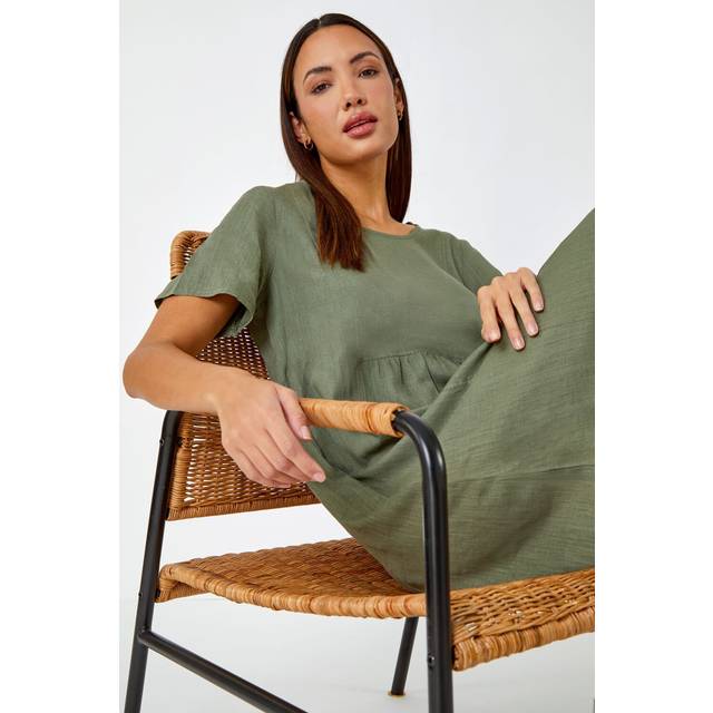 Relaxed Cotton Blend Pocket Dress - Khaki - 16