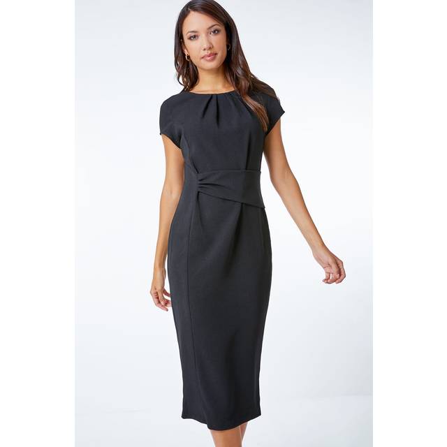 Roman Black Pleat Detail Smart Stretch Dress - Size 10
