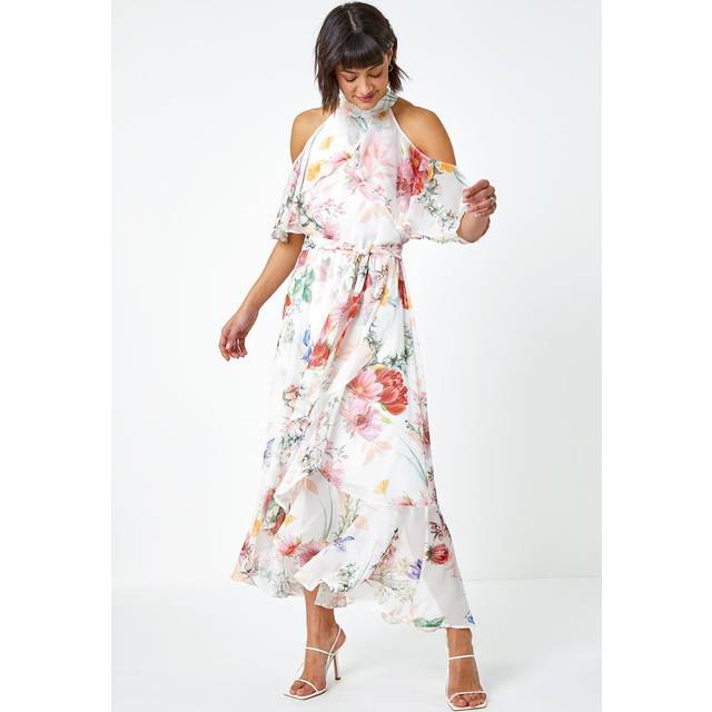 Roman Womens Halterneck Floral Chiffon Frill Dress - Ivory - Size 18 UK