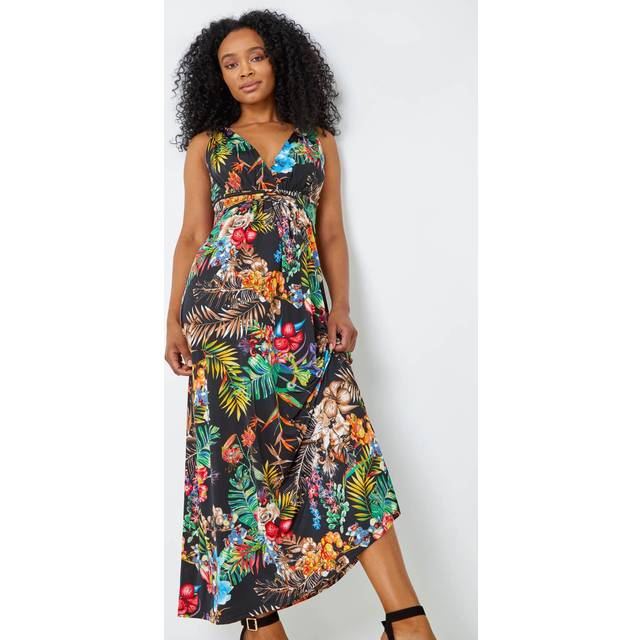 Petite Sleeveless Tropical Maxi Stretch Dress - Black - Size 14 - Roman