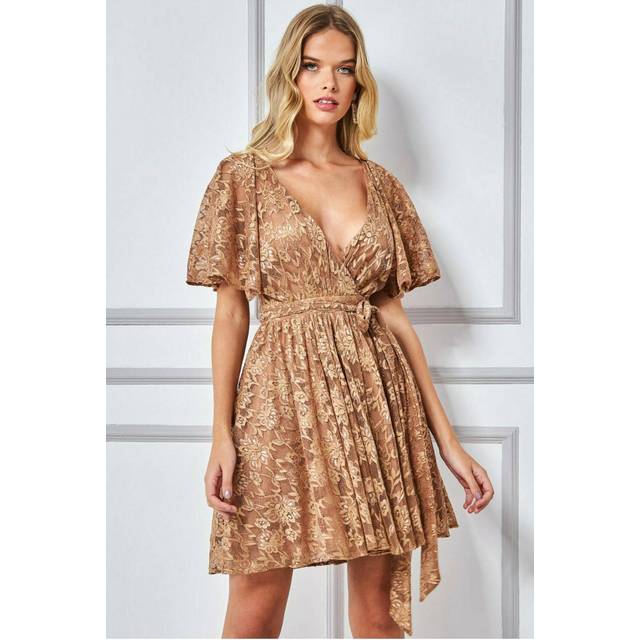Goddiva Lace Kimono Wrap Skater Mini Dress - Tan - 16