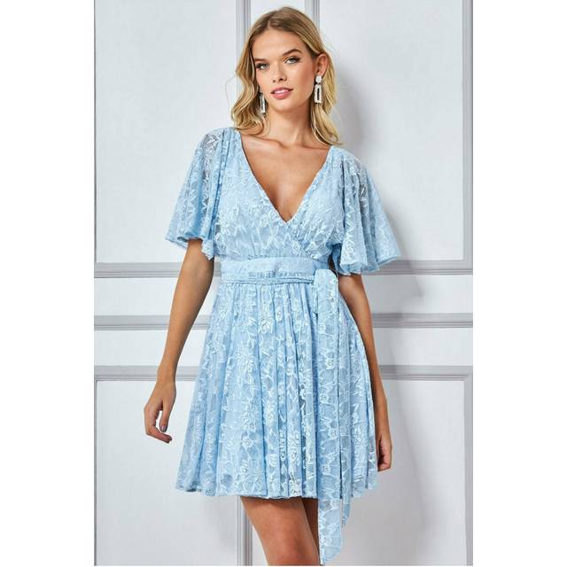 Lace Kimono Wrap Skater Mini Dress - Powder Blue by Goddiva - 8