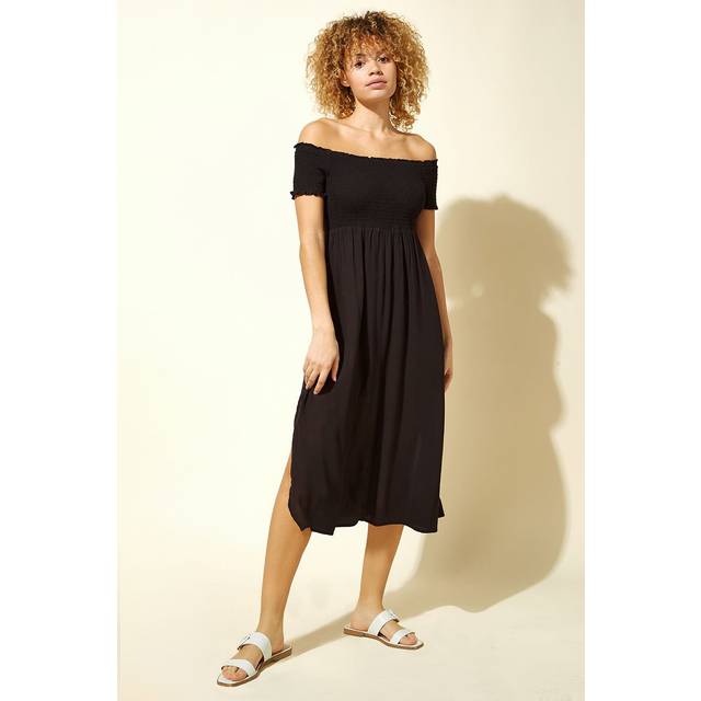 Shirred Bust Midi Beach Dress - Black