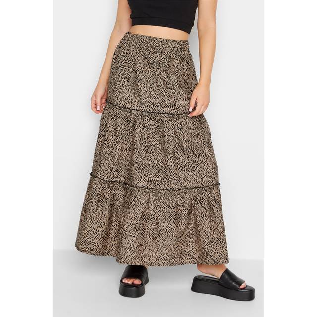 Pixiegirl Petite Brown Animal Print Tiered Maxi Skirt 8 Pixiegirl | Petite Women's Maxi Skirts