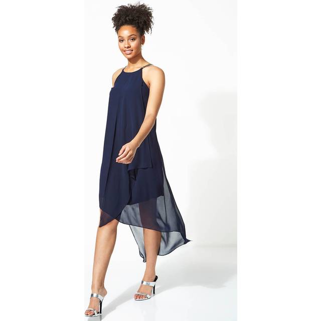 Roman Navy Diamante Trim Layer Dress - Size 14