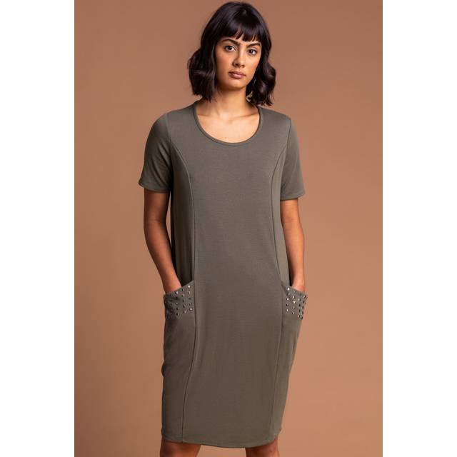 Pocket Stud Detail Slouch Dress - Khaki - 10