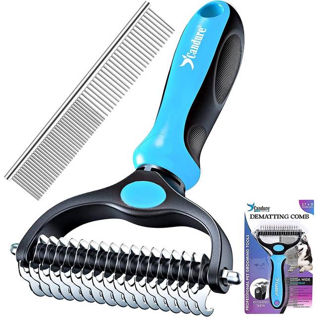 Candure Dematting Comb for Dog and Cat, Pet Grooming Rake and Brushes for Small, Medium Large Dogs-Double Sided Deshedding Tool Removes Knot