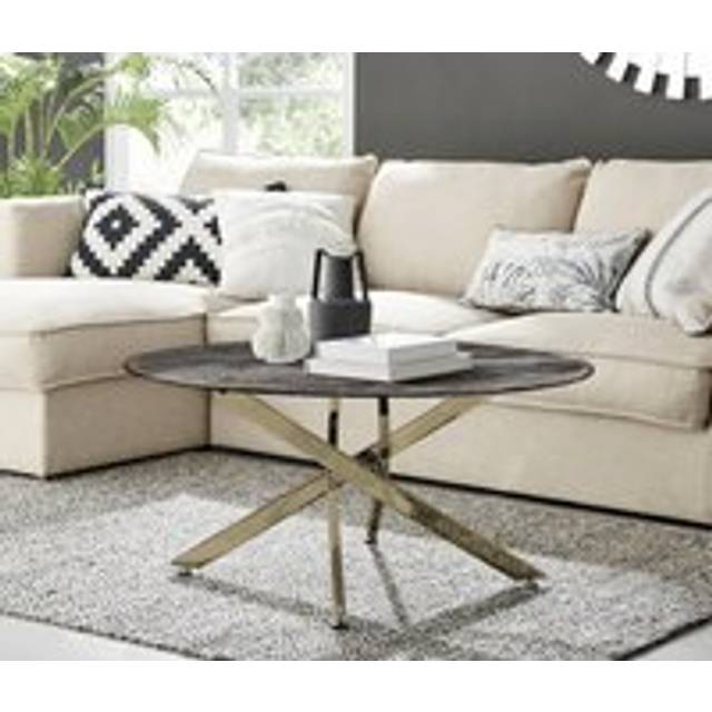 Novara Round Marble Effect Glass Top Coffee Table With Gold Metal Starburst Legs - Grey - One Size