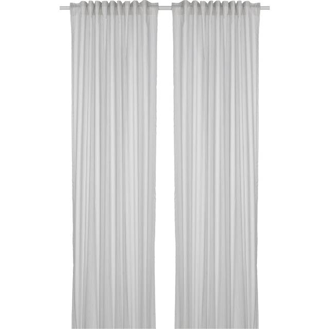 BYMOTT gardiner, 1 par, vit/ljusgrå randig/med veckband, 120x250 cm
