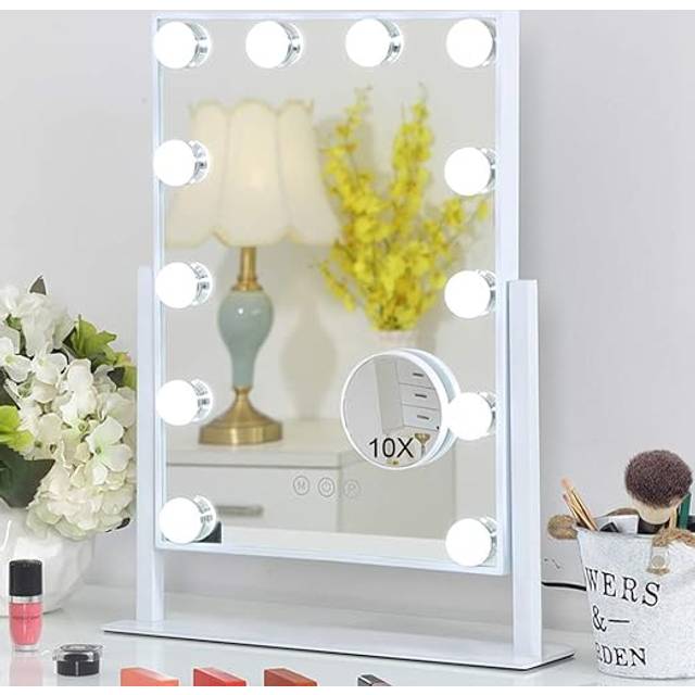 FENCHILIN Hollywood spiegel make-up spiegel met verlichting 12 dimbare LED lampen 360° draaibare make-up spiegel met 3 lichtkleuren 10x vergroting touch bediening wit 30x41 cm