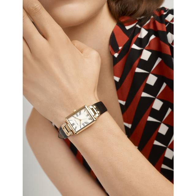 Anne Klein Women's Rectangular Case Leather Strap Watch in Black&Gold-Tone