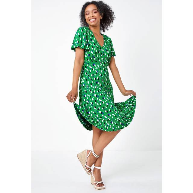 Roman Petite Spot Frill Hem Stretch Skater Dress, Green, Size 14, Women
