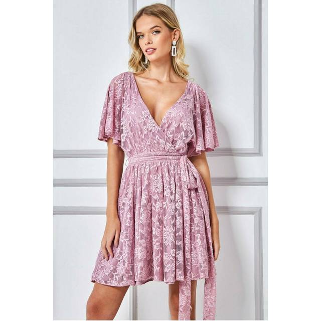 Lace Kimono Wrap Skater Mini Dress - Mauve by Goddiva - 10