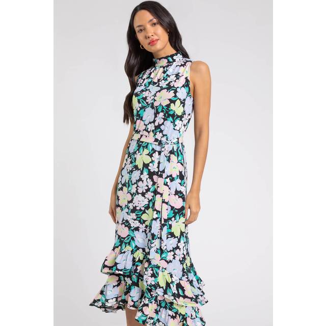 High Neck Floral Frill Hem Dress - Black - 18