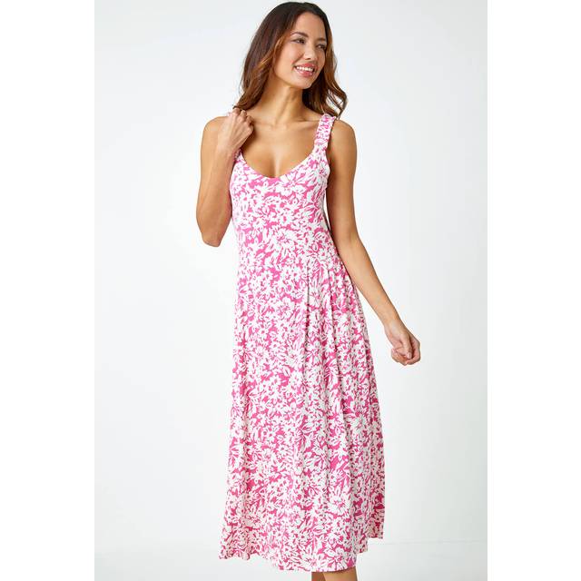 Sleeveless Floral Midi Stretch Dress - Candy Pink - Size 20 - Roman