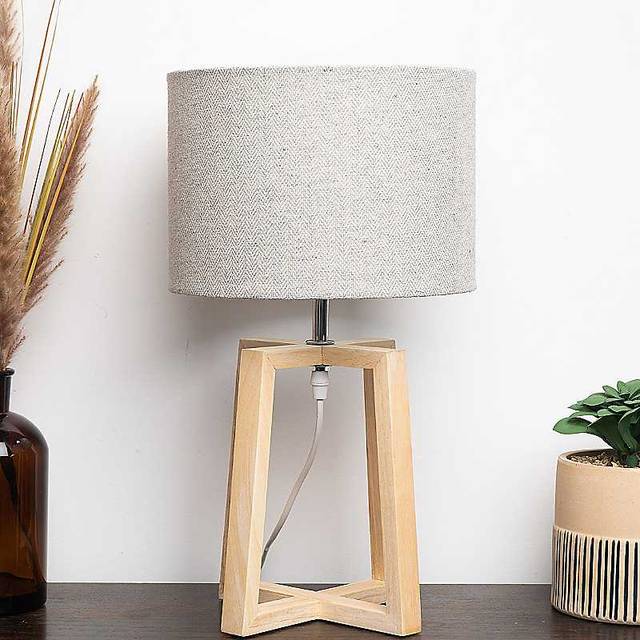 Natural Wooden Table Lamp with Linen Look Shade Criss Cross Legs - One Size
