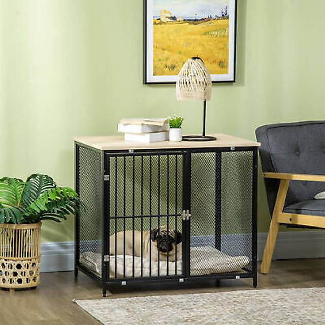 Pawhut Dog Crate Furniture Side End Table With Soft Washable Cushion, Indoor Dog Kennel With Wire Mesh Wall, Wooden Top, For Medium Small Dogs