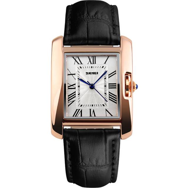 (Black) Skmei Women's Watch Square Rose Gold Roman Numerals Genuine Leather Strap SK1085