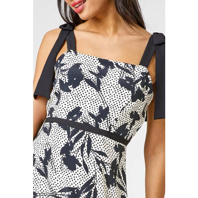 Tiered Contrast Spot Floral Print Maxi Dress - Cream - 16