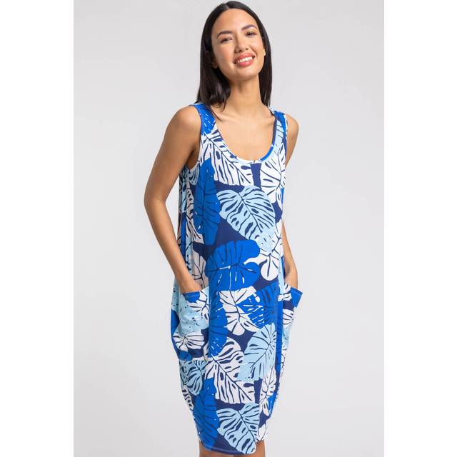Leaf Print Slouch Pocket Dress - Blue - 20