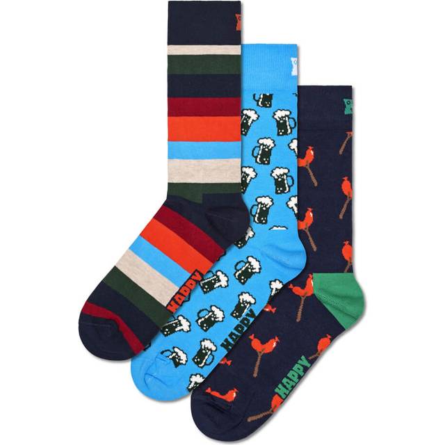 3-Pack Fun Socks Gift Set | Beer & Wurst Crew Socks - Navy, Light Blue, Red, White, Orange