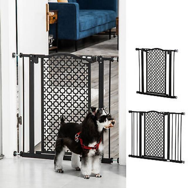 Pawhut 74-105 Cm Pet Safety Gate Barrier Stair Pressure Fit With Auto Close And Double Locking For Doorways, Hallways, Black