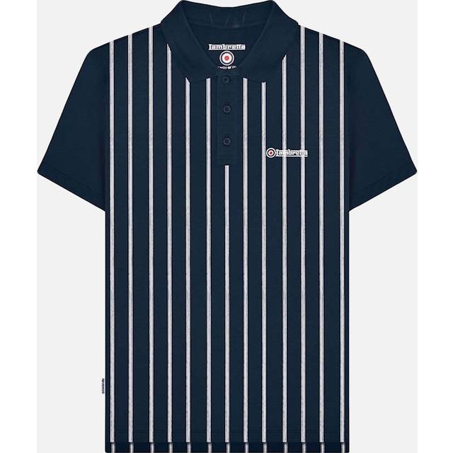 (M, Navy/White) Lambretta Mens Pinstripe Short Sleeve Contrast Collar Polo Shirt - Navy/White