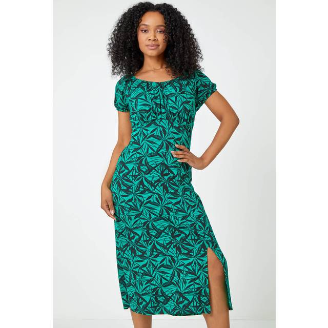 Petite Leaf Print Midi Stretch Dress - Green - Size 8 - Roman