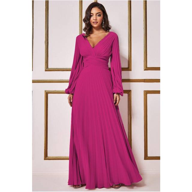 Goddiva Balloon Sleeve Chiffon Maxi Dress - Magenta - 14