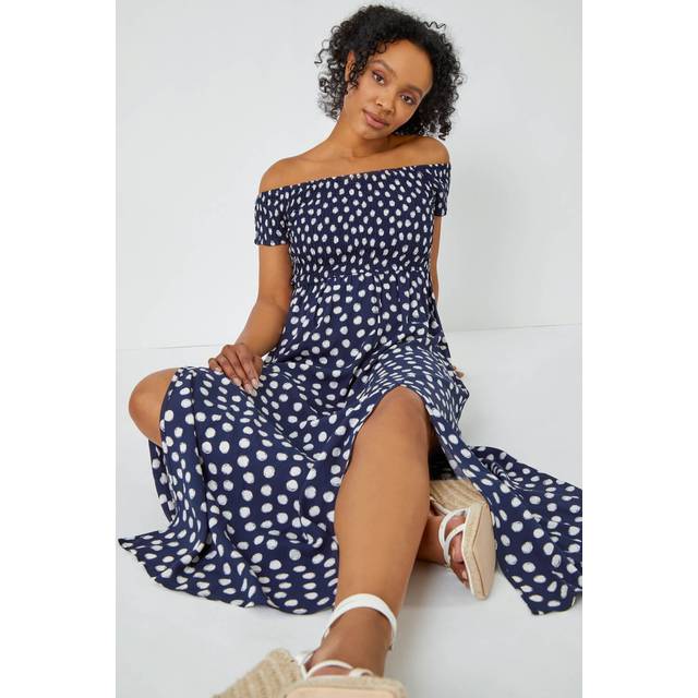 Roman Petite Navy Polka Dot Bardot Maxi Dress - Size 16