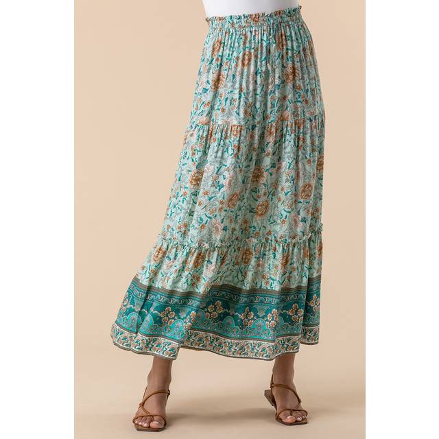 Tiered Floral Print Maxi Skirt - Mint - 18