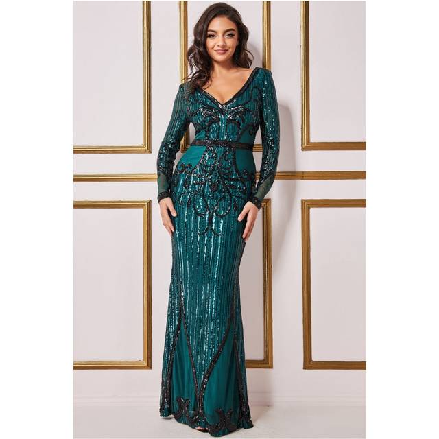 Sequin & Mesh Embroidered Maxi Dress - Emerald by Goddiva - 8