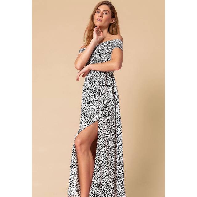 Shirred Ditsy Floral Print Bardot Dress - White - 18