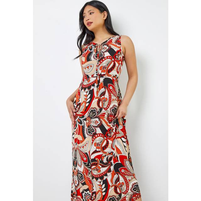 Roman Petite Rust Paisley Print Tie Neck Maxi Dress - Size 14