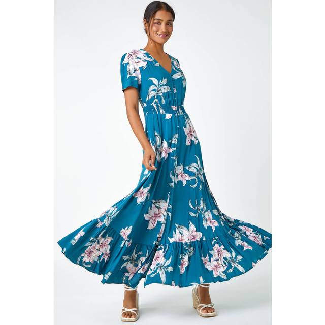 Floral Print Shirred Waist Maxi Dress - Teal - Size 10 - Roman