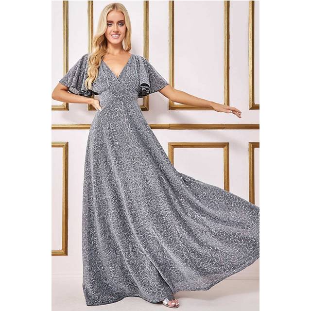 Goddiva Sequin Lurex Flutter Sleeve Maxi Dress - Silver - 10