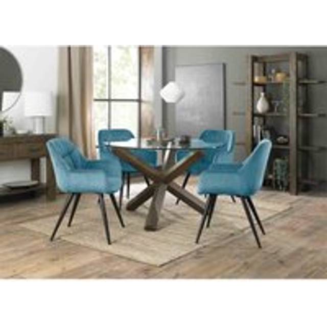 Bentley Designs Cannes Clear Glass 4 Seater Dining Table With Dark Oak Legs & 4 Dali Petrol Blue Velvet Fabric Chairs With Black Legs, Blue