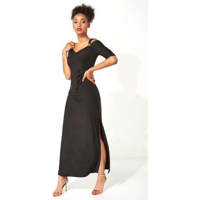 Roman Originals Cold Shoulder Diamante Evening Maxi Dress in Black - Size 14