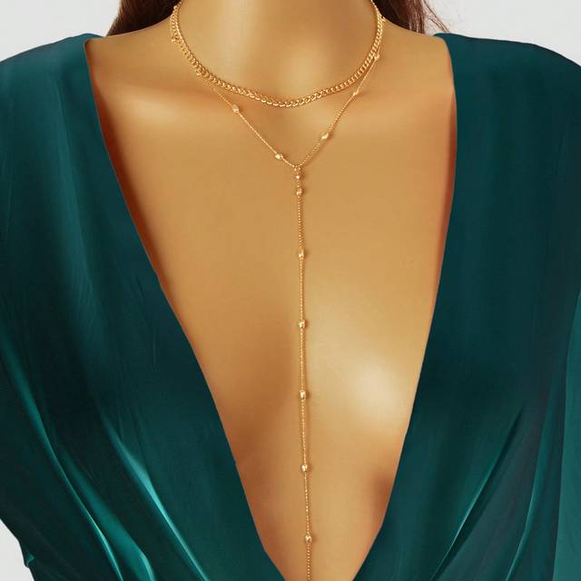 SHEIN 1pc Double Layer Gold Popcorn Chain Y Style Long Pendant Necklace Women Daily Beach Body Jewelry