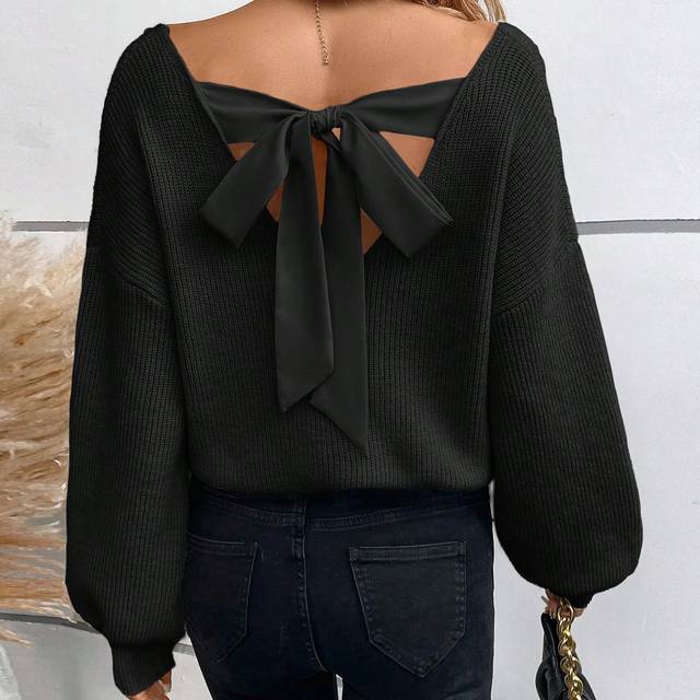 SHEIN Tie Back Drop Shoulder Back Band Sweater,New Years Women Outfit,Long Sleeve Tops