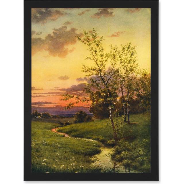 Paintings Landscape Sunset Countryside Tree Meadow Brook Stream Artwork Framed Wall Art Print A4 - Black - One Size
