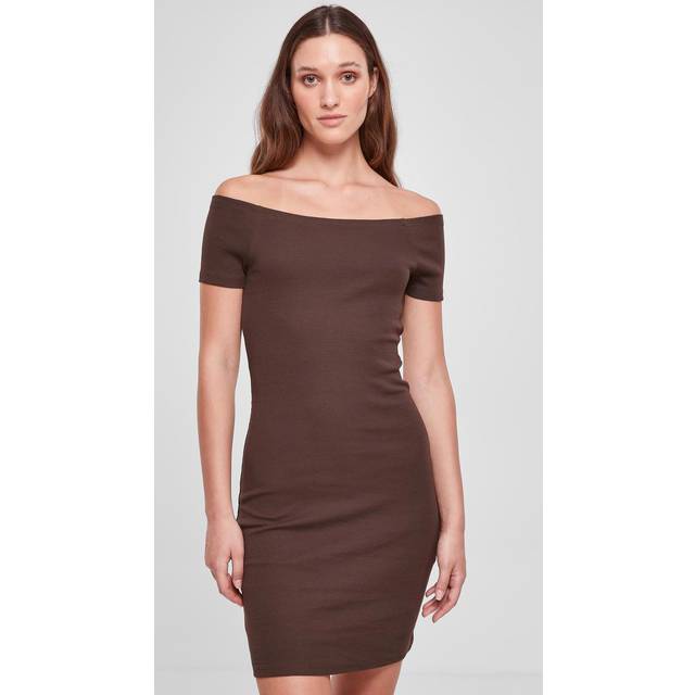 Urban Classics - Ladies Off Shoulder Rib Brown - Dress - brown - S - 97% Cotton, 3% Elastane,Jersey