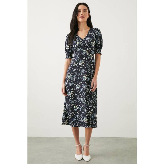 Womens Petite Navy Ditsy Shirred Cuff Midi Dress - Blue - 6