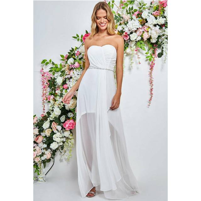 Goddiva Bardot Chiffon Wedding Dress With Belt - White - 16