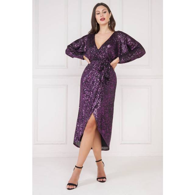 Goddiva Wrap Style Sequin Midi Dress - Purple - 12