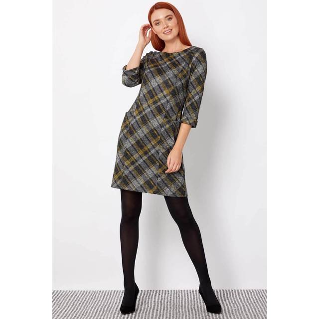 Check Tartan Print Winter Shift Dress in Yellow by Roman - Size 18
