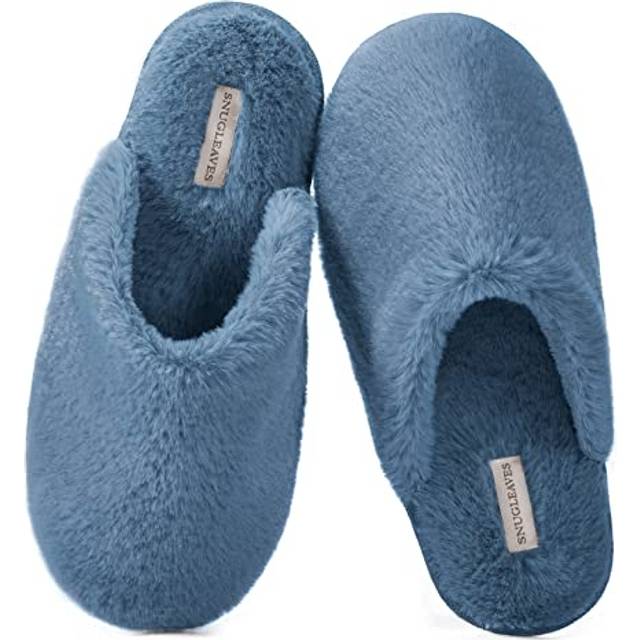 Snug Leaves Women's Fuzzy Scuff Slippers Soft Comfy Memory Foam Non-slip Indoor House Shoes Blue  Size 7-8