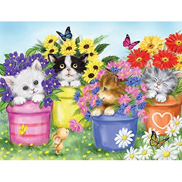Bits and Pieces - Large 100 Piece Jigsaw Puzzle for Adults - Cats in Flower Pots - Kitten Colorful Bloom Butterfly Sweet Cute Garden Jigsaw Puzzle by